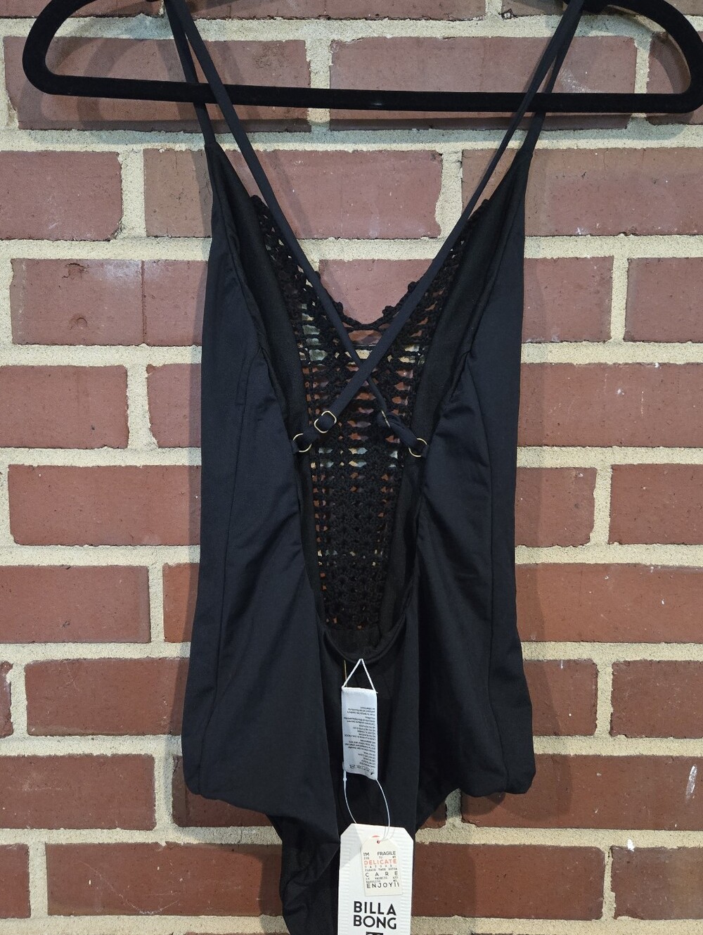 Billabong Hippie Hooray One Piece Swimsuit Black Crochet Plunge Boho Medium NWT - Picture 4 of 5
